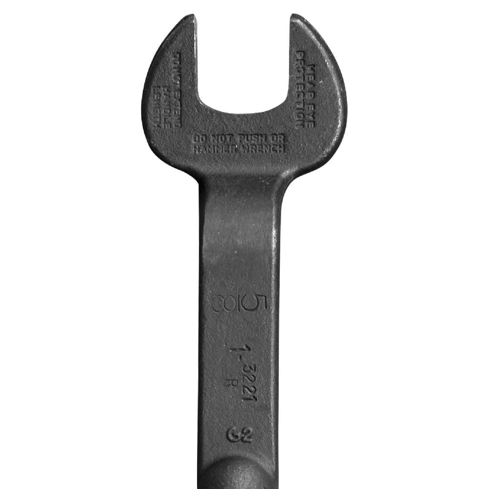 Close-up of the Klein 3221 spud wrench head detailing stamped 1-inch opening and 5/8-inch bolt size identification marks.