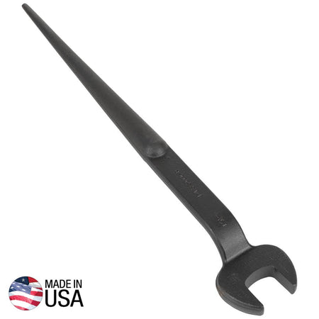 Klein 3222 structural spud wrench forged from alloy steel showing the 1-1/8-inch open jaw, 60-degree head offset, and tapered alignment handle.
