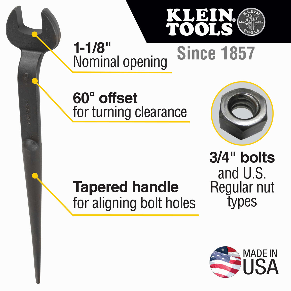 Infographic detailing key specs for Klein 3222 spud wrench including 1-1/8-inch nominal opening, 60-degree head offset, and non-binding tapered handle.