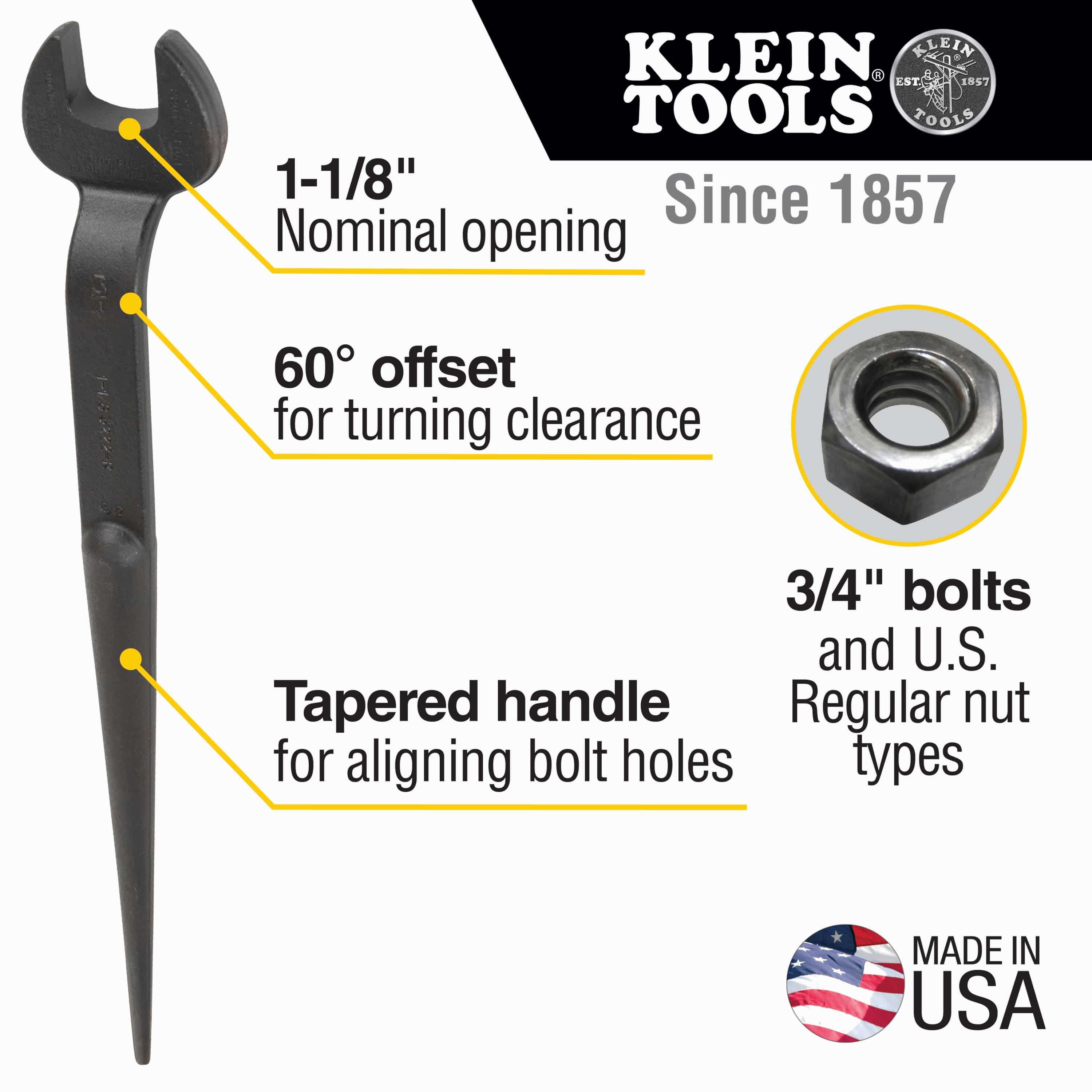 Infographic detailing key specs for Klein 3222 spud wrench including 1-1/8-inch nominal opening, 60-degree head offset, and non-binding tapered handle.