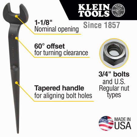 Infographic detailing key specs for Klein 3222 spud wrench including 1-1/8-inch nominal opening, 60-degree head offset, and non-binding tapered handle.