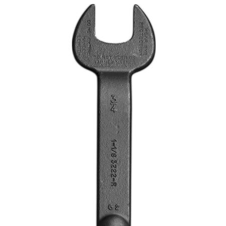 Close-up of the Klein 3222 spud wrench head detailing stamped 1-1/8-inch opening and 3/4-inch bolt size identification marks.