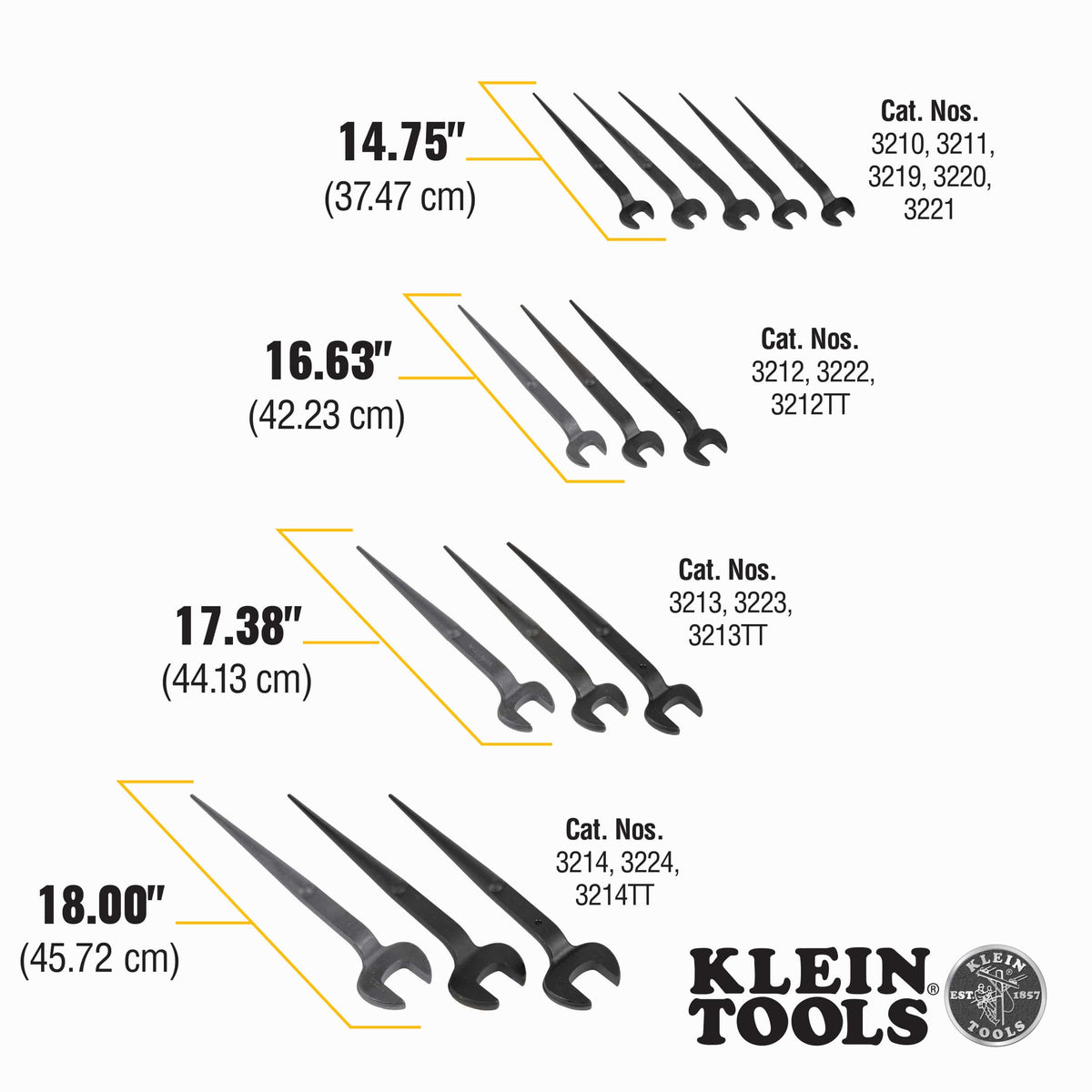 Size chart comparing Klein spud wrench lengths: 14.75-inch, 16.63-inch (model 3222), 17.38-inch, and 18.00-inch models.