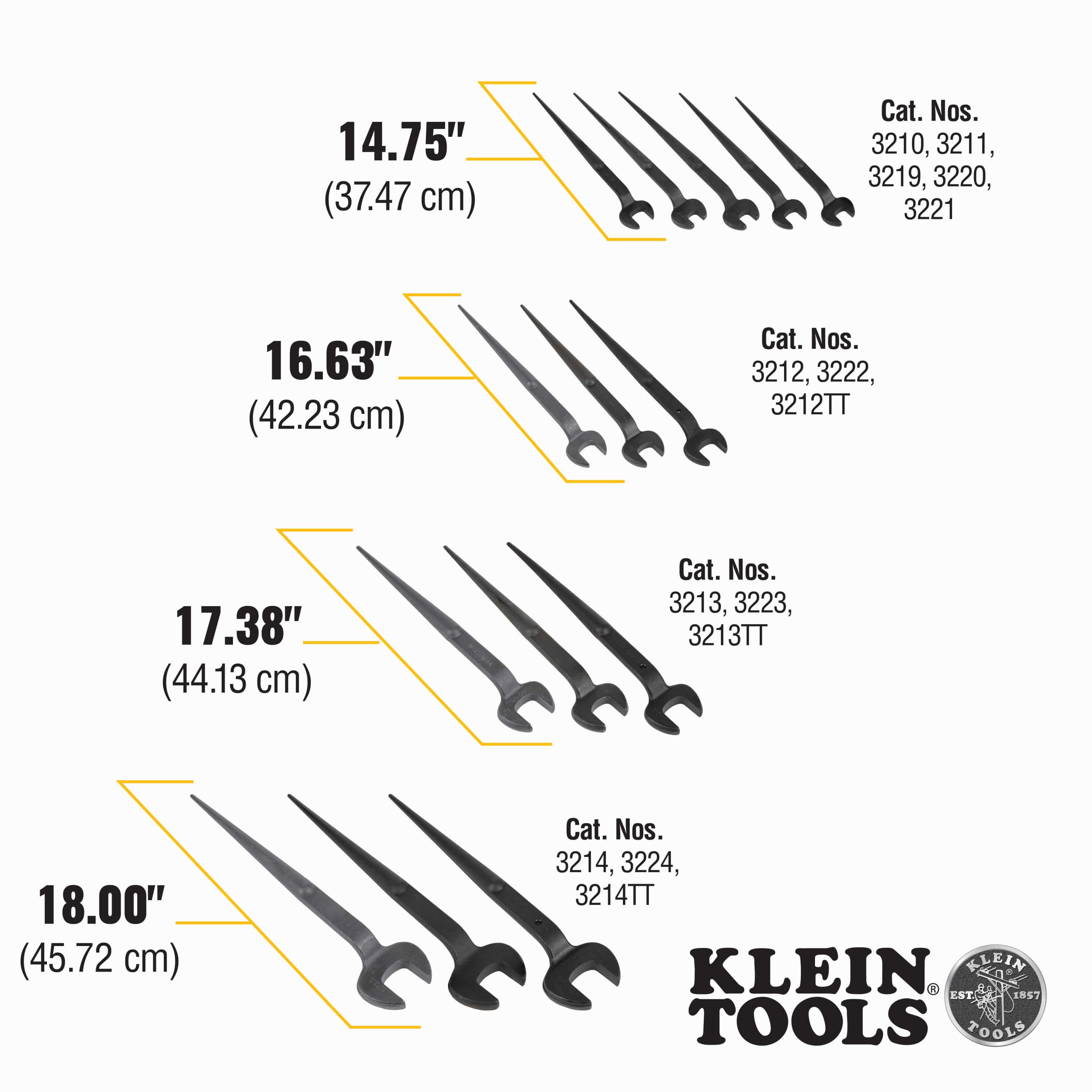 Size chart comparing Klein spud wrench lengths: 14.75-inch, 16.63-inch (model 3222), 17.38-inch, and 18.00-inch models.