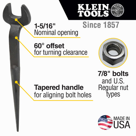 Infographic detailing key specs for Klein 3223 spud wrench including 1-5/16-inch nominal opening, 60-degree head offset, and non-binding tapered handle.