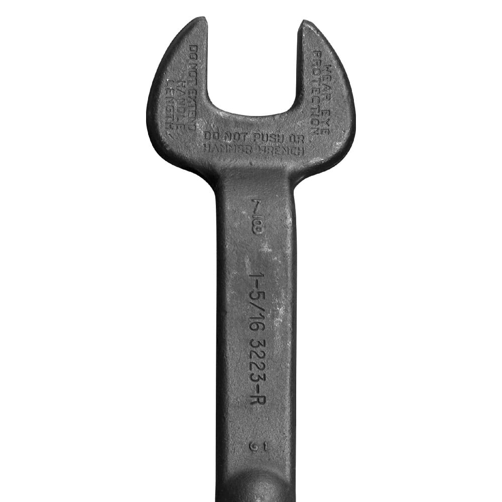Close-up of the Klein 3223 spud wrench head detailing stamped 1-5/16-inch opening and 7/8-inch bolt size identification marks.