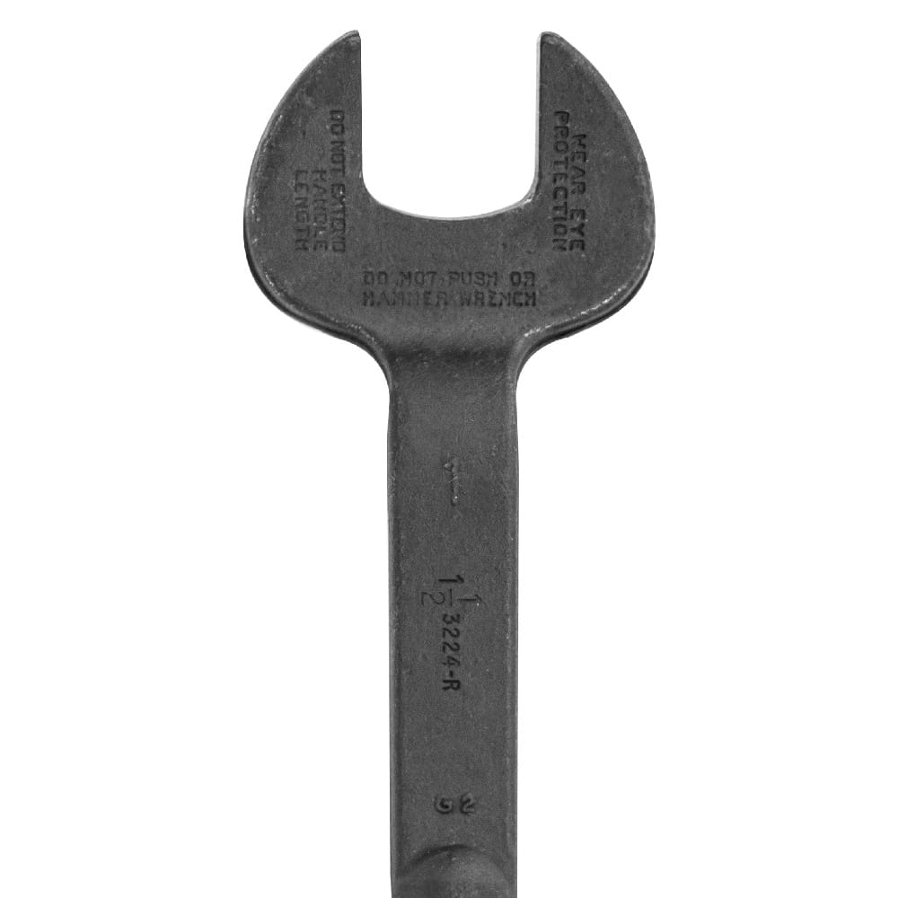 Close-up of the Klein 3224 spud wrench head detailing stamped 1-1/2-inch opening and 1-inch bolt size identification marks.