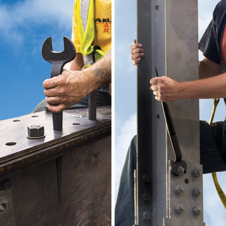 Split view showing an ironworker using the tapered handle to align bolt holes and torquing a structural bolt with the 60-degree offset wrench head.