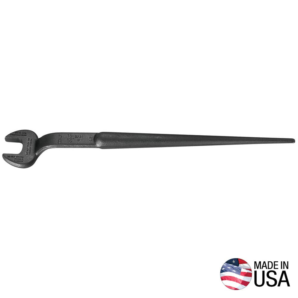 Klein 3231 utility spud wrench forged from alloy steel showing the 15/16-inch open jaw, 60-degree head offset, and tapered alignment handle.