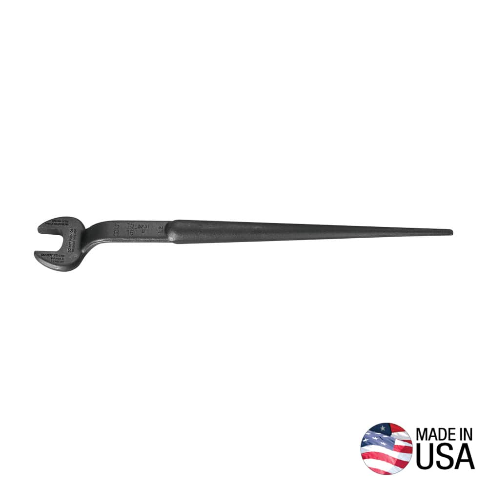 Klein 3232 utility spud wrench forged from alloy steel showing the 1-1/16-inch open jaw, 60-degree head offset, and tapered alignment handle.