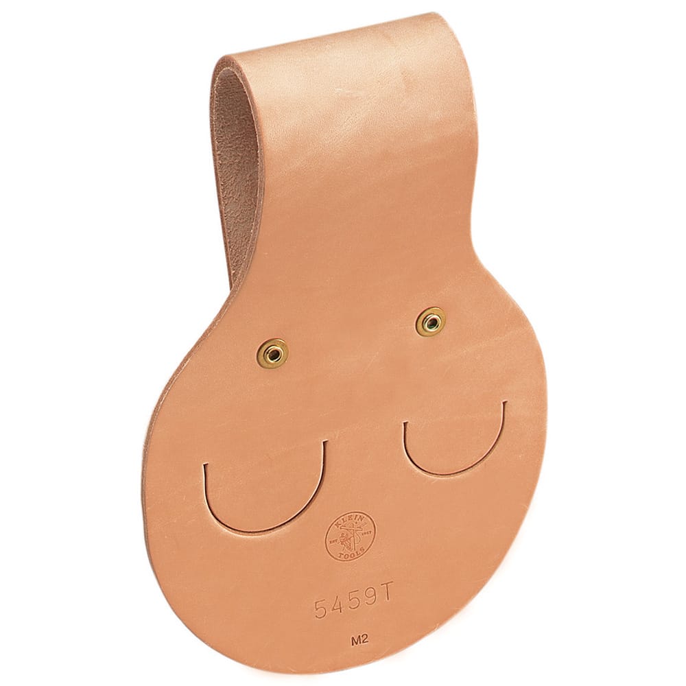 Klein 5459T heavy-duty leather spud wrench holder featuring two slotted tool pockets and a 3.5-inch wide tunnel loop for large belts.