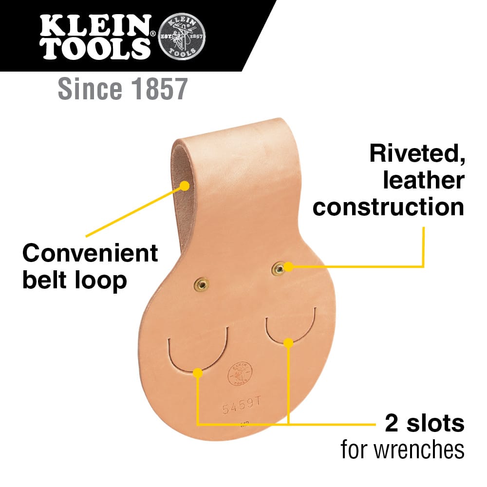 Infographic detailing key features of the Klein 5459T holder including riveted leather construction, convenient belt loop, and two wrench slots.