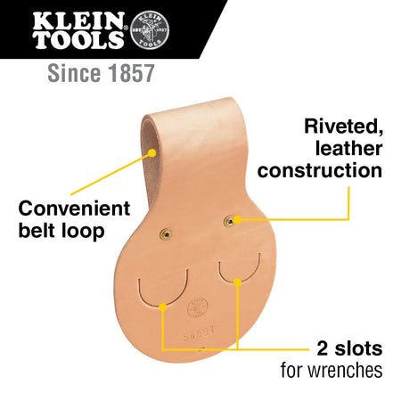 Infographic detailing key features of the Klein 5459T holder including riveted leather construction, convenient belt loop, and two wrench slots.
