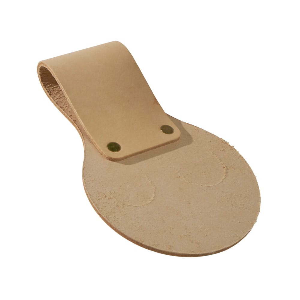 Rear view of the Klein 5459T leather holder showing the wide tunnel loop connection designed to slide over tool belts and harness D-rings.