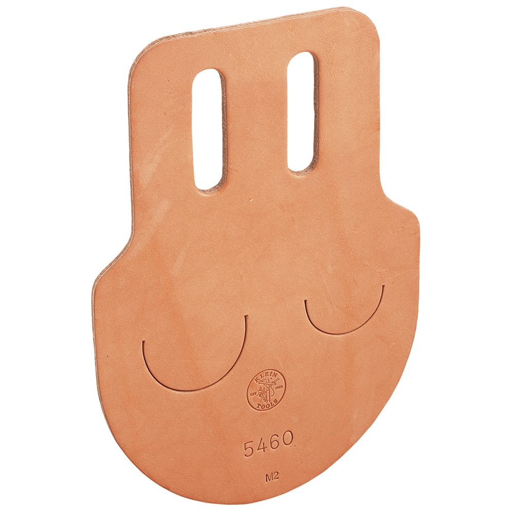 Klein 5460 dual spud wrench holder featuring two slotted tool pockets in natural leather and slotted belt connection loops for 2-inch work belts.