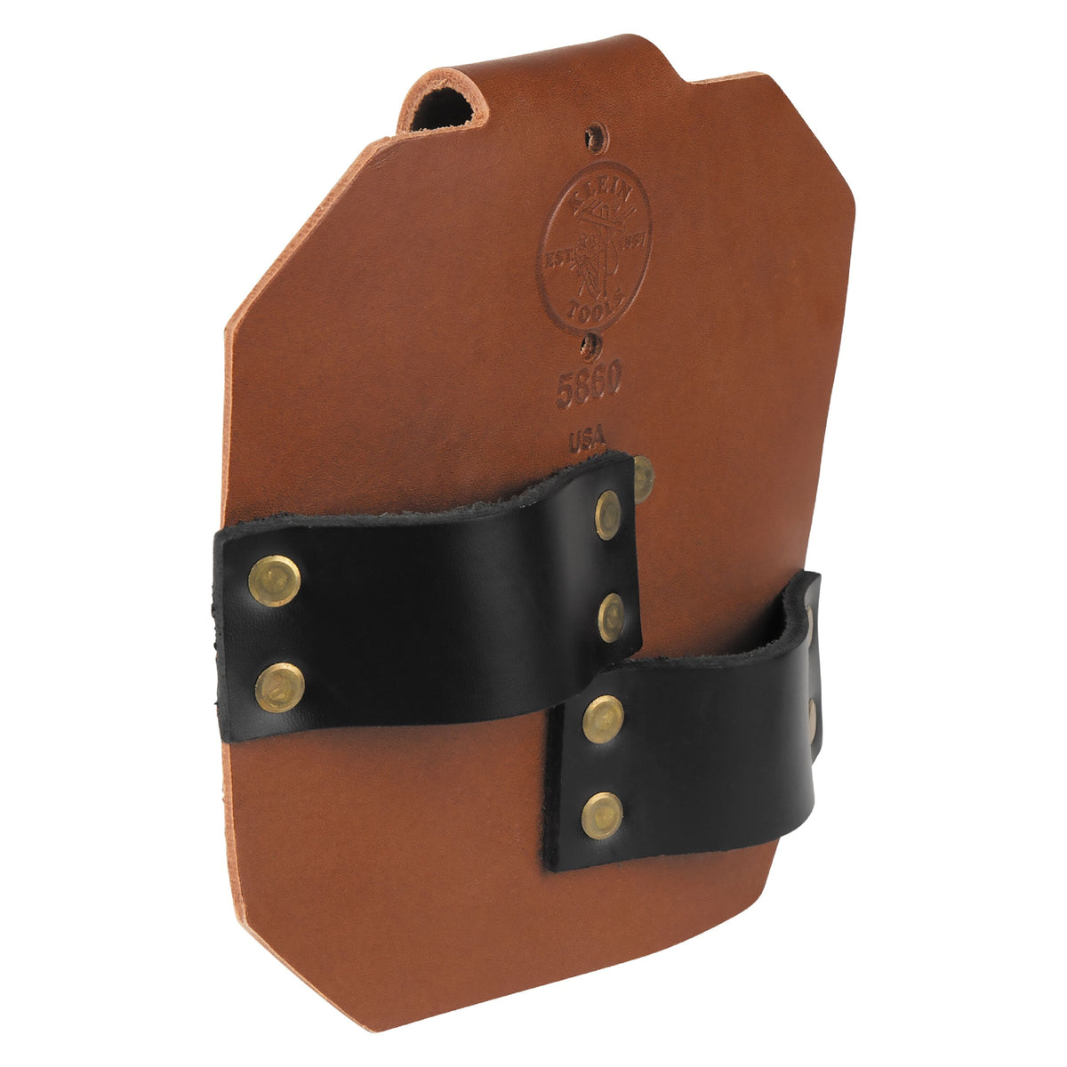 Klein 5860 heavy-duty russet leather spud wrench holder featuring two black leather pockets with washer-backed brass rivets and a 3-inch belt loop.