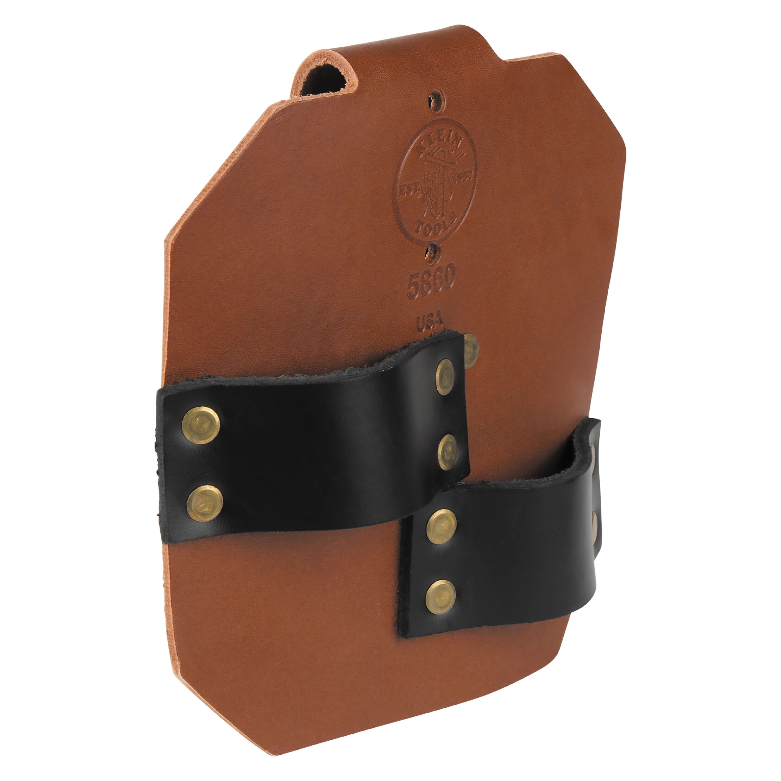 Klein 5860 heavy-duty russet leather spud wrench holder featuring two black leather pockets with washer-backed brass rivets and a 3-inch belt loop.
