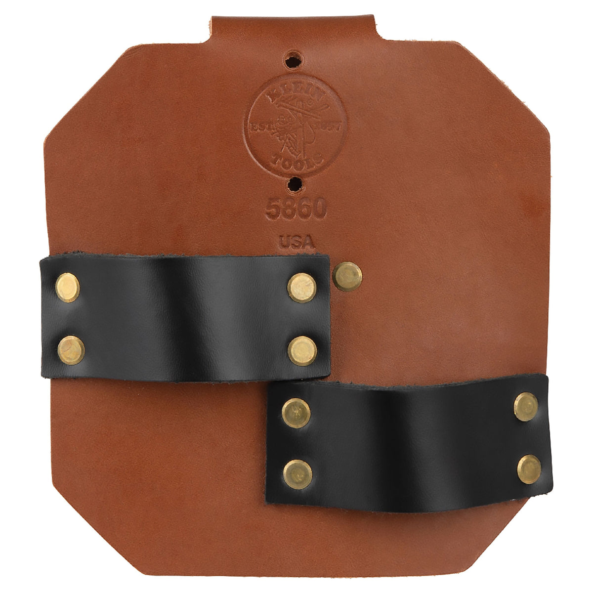 Front view of the Klein 5860 dual-pocket spud wrench holder showing heavy-gauge brass rivets and stampings for full-grain leather quality verification.