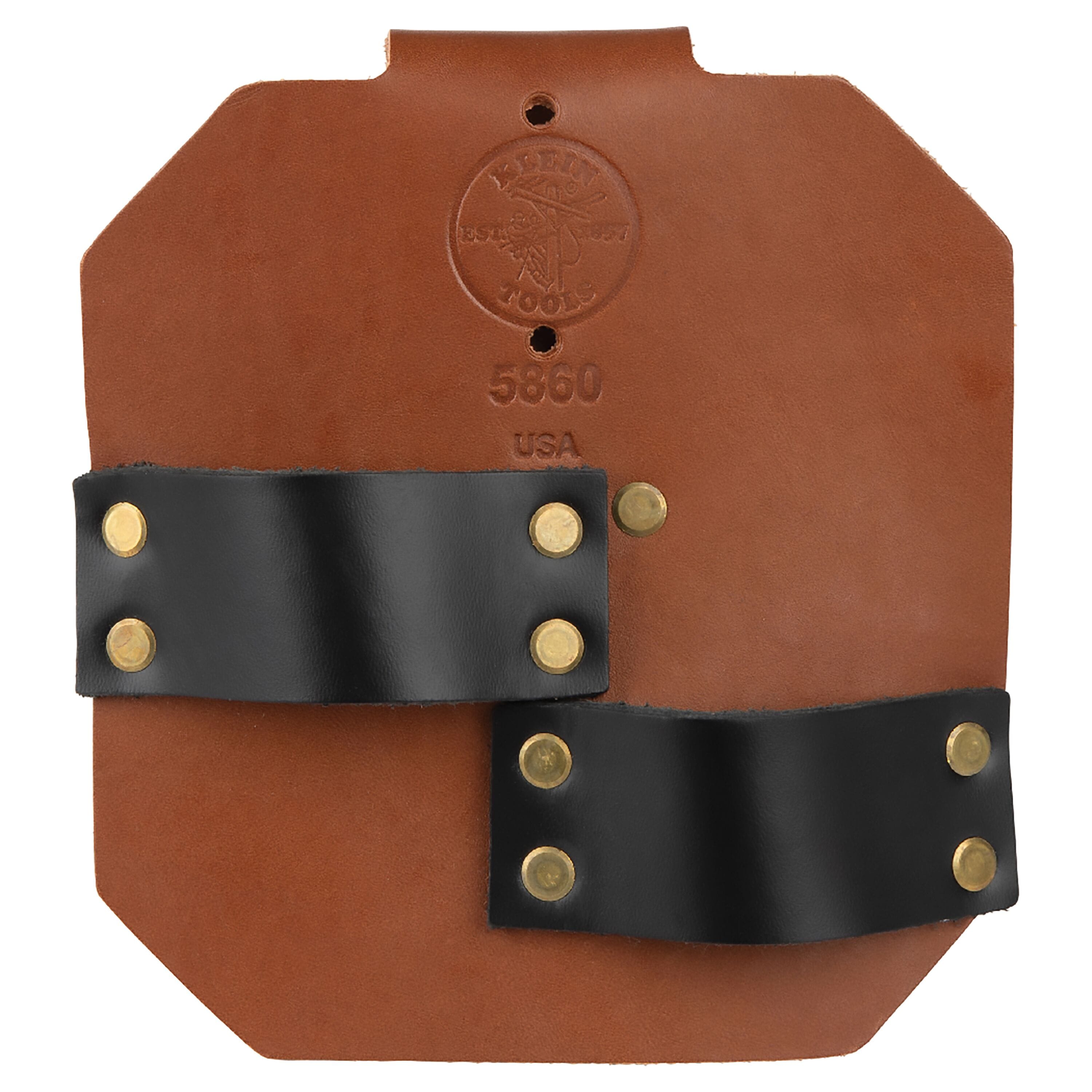 Front view of the Klein 5860 dual-pocket spud wrench holder showing heavy-gauge brass rivets and stampings for full-grain leather quality verification.