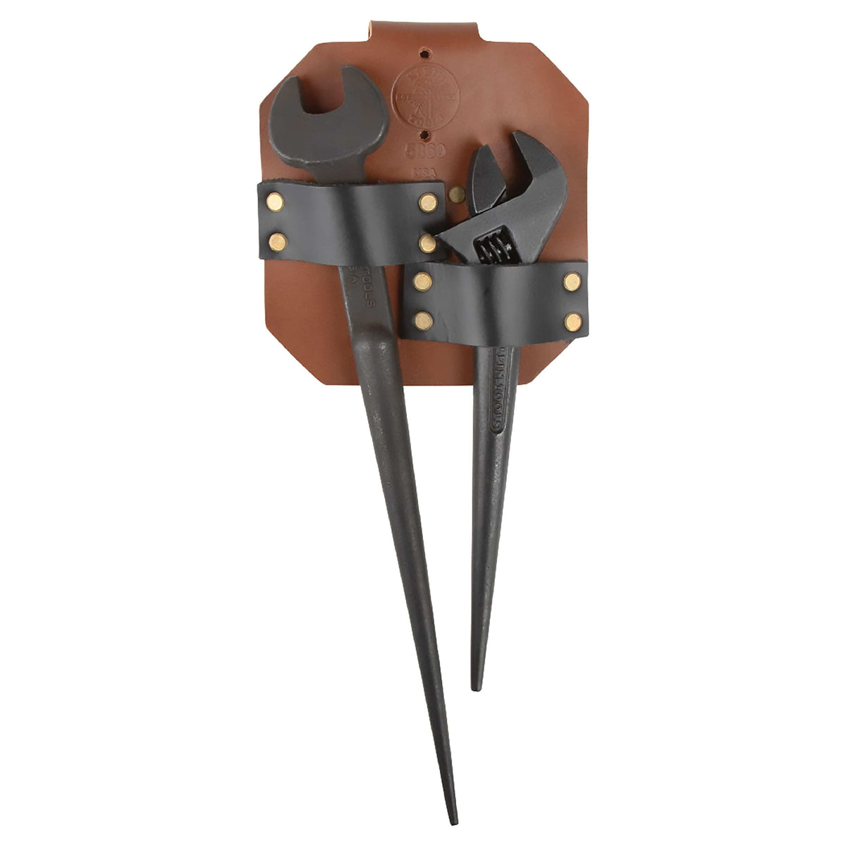 Klein 5860 leather spud wrench holder loaded with a fixed structural spud wrench and an adjustable construction wrench in separate slots.