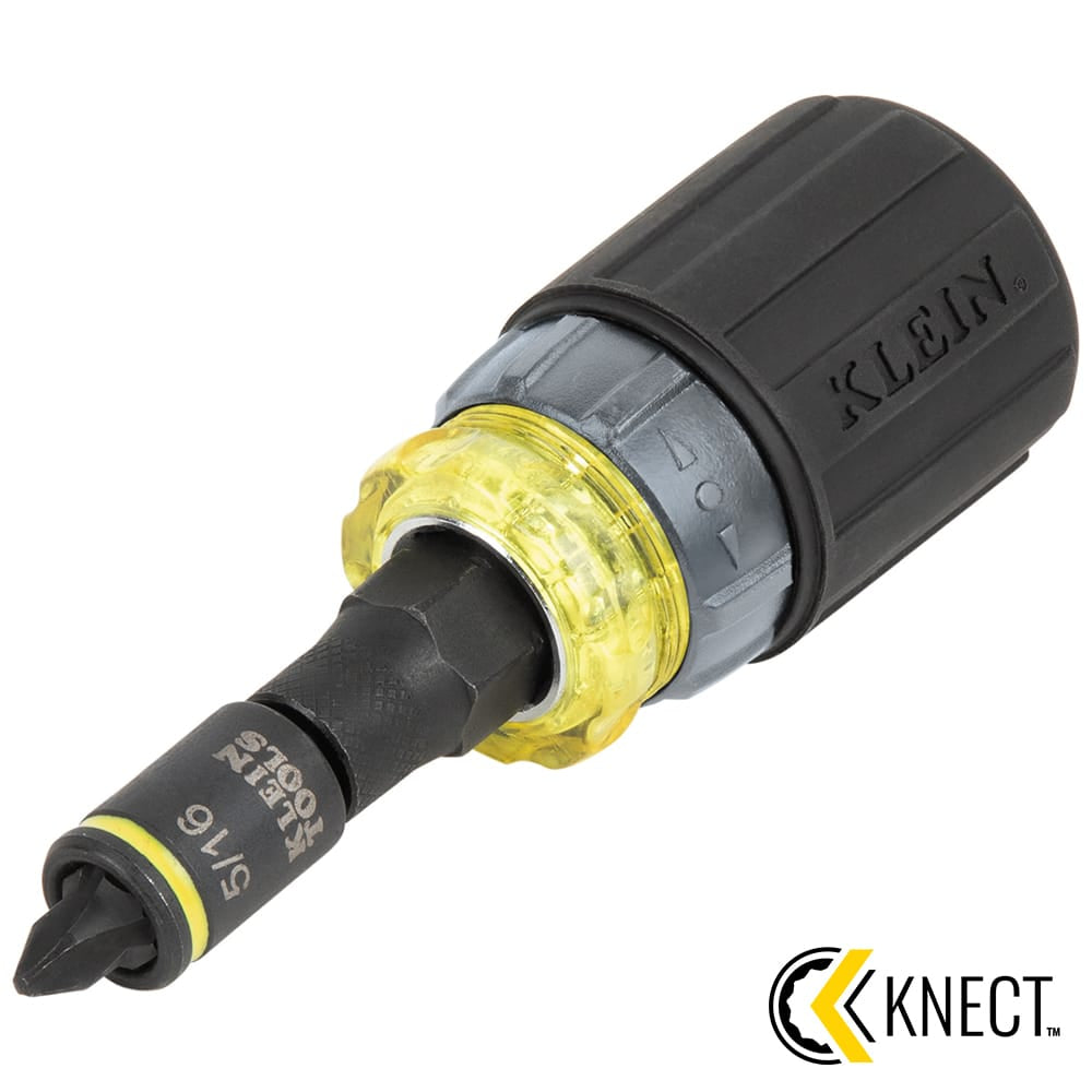 Klein Tools 32561HDRT stubby screwdriver featuring a 5/16-inch impact-rated nut driver socket and Phillips bit in a ratcheting handle.
