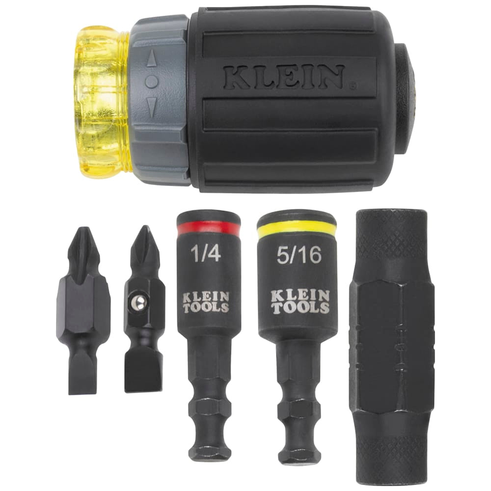 Klein Tools 32561HDRT 7-in-1 stubby driver disassembled to show the Cushion-Grip handle, quick-connect nut drivers, bit tips, and KNECT collet adapter.
