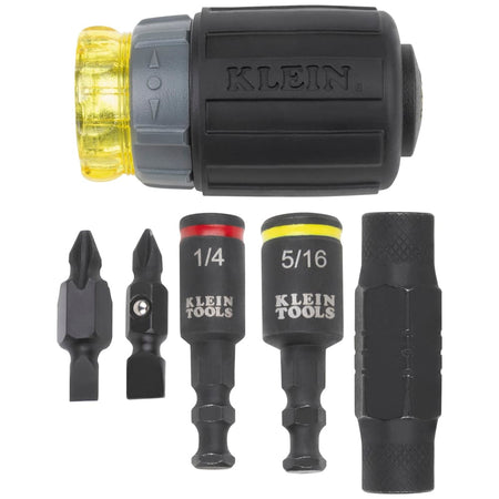 Klein Tools 32561HDRT 7-in-1 stubby driver disassembled to show the Cushion-Grip handle, quick-connect nut drivers, bit tips, and KNECT collet adapter.