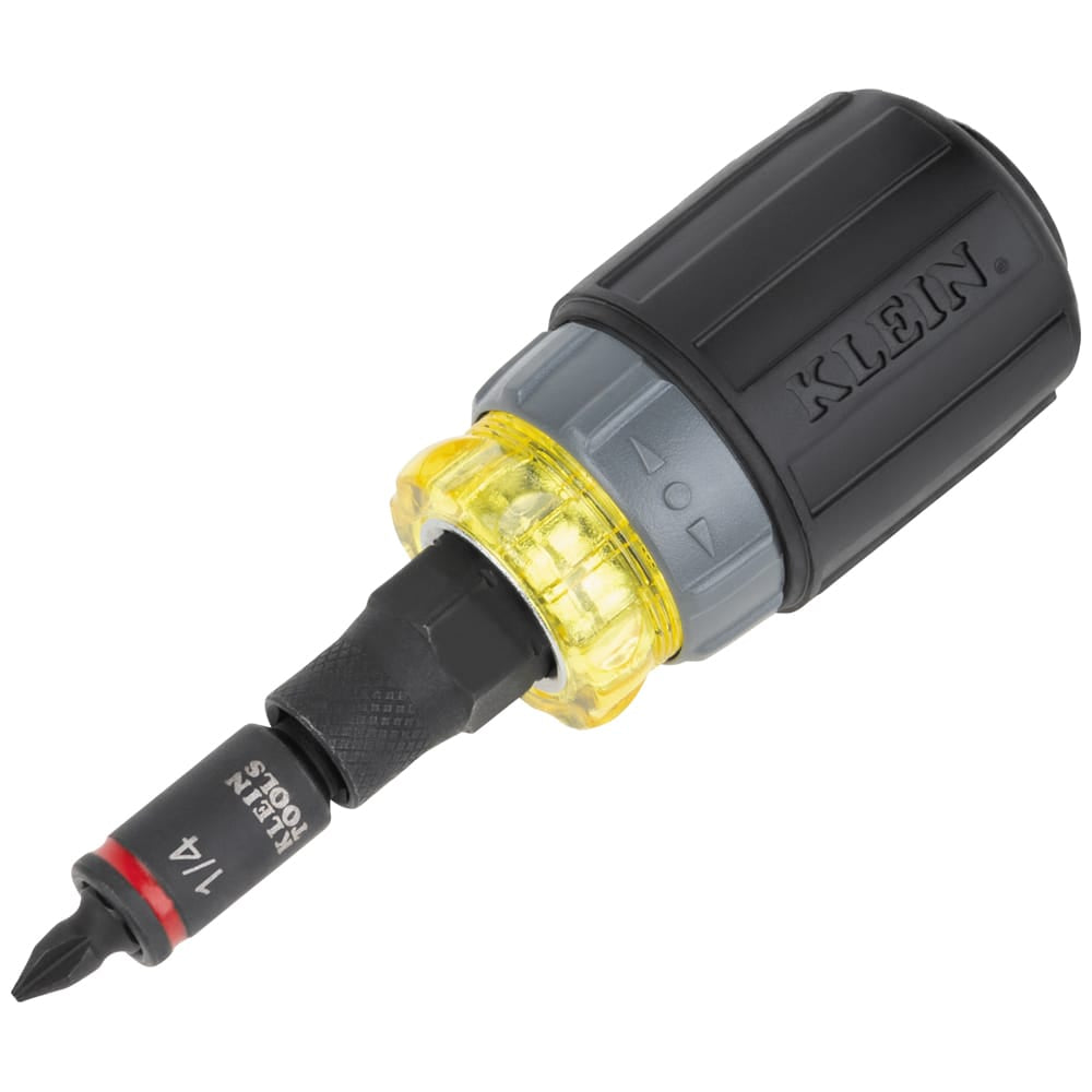 Assembled Klein Tools 32561HDRT ratcheting stubby driver angled to show the 1/4-inch impact-rated nut driver socket and bit retention collet.