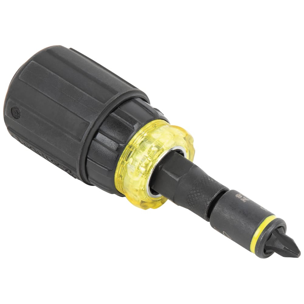 Klein Tools 32561HDRT stubby driver shown from the rear angle highlighting the compact Cushion-Grip handle and ratcheting mechanism collar.