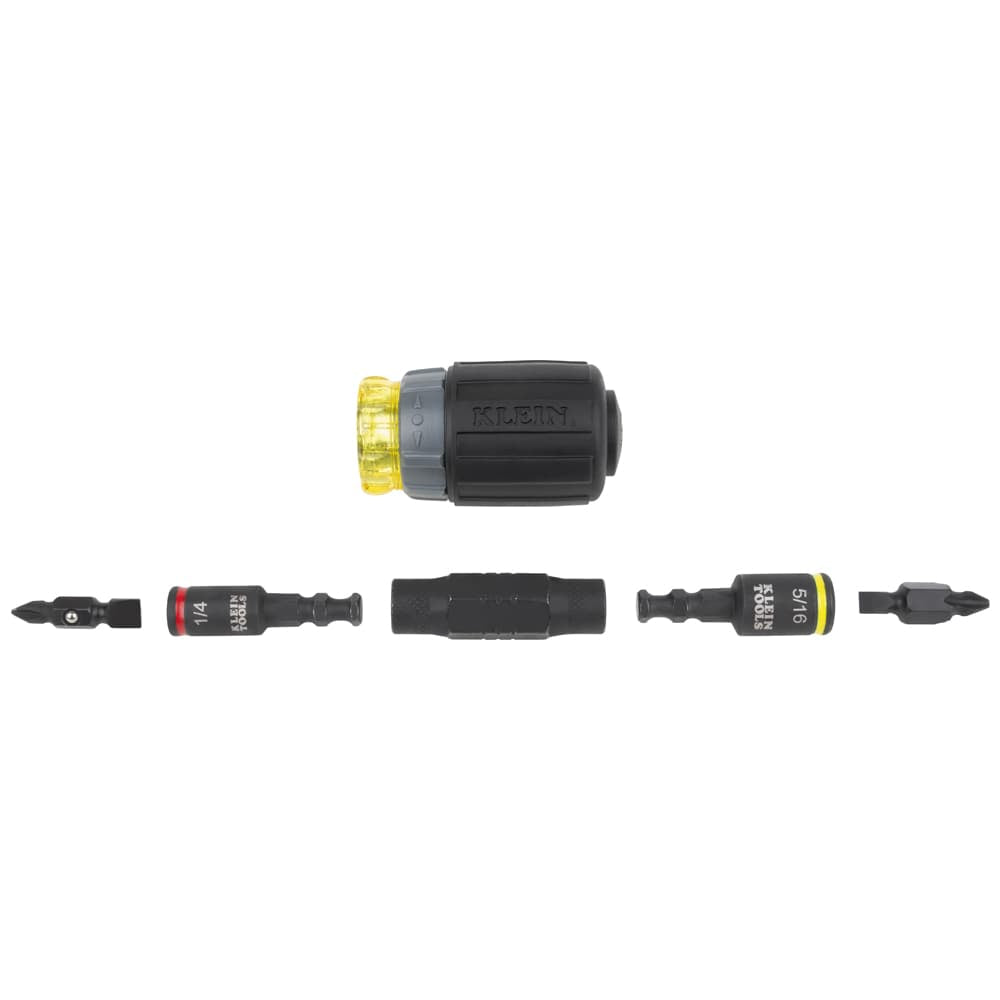 Klein Tools 32561HDRT components arranged inline to display the 1/4 and 5/16 inch nut drivers, double-ended bits, and central connecting adapter.