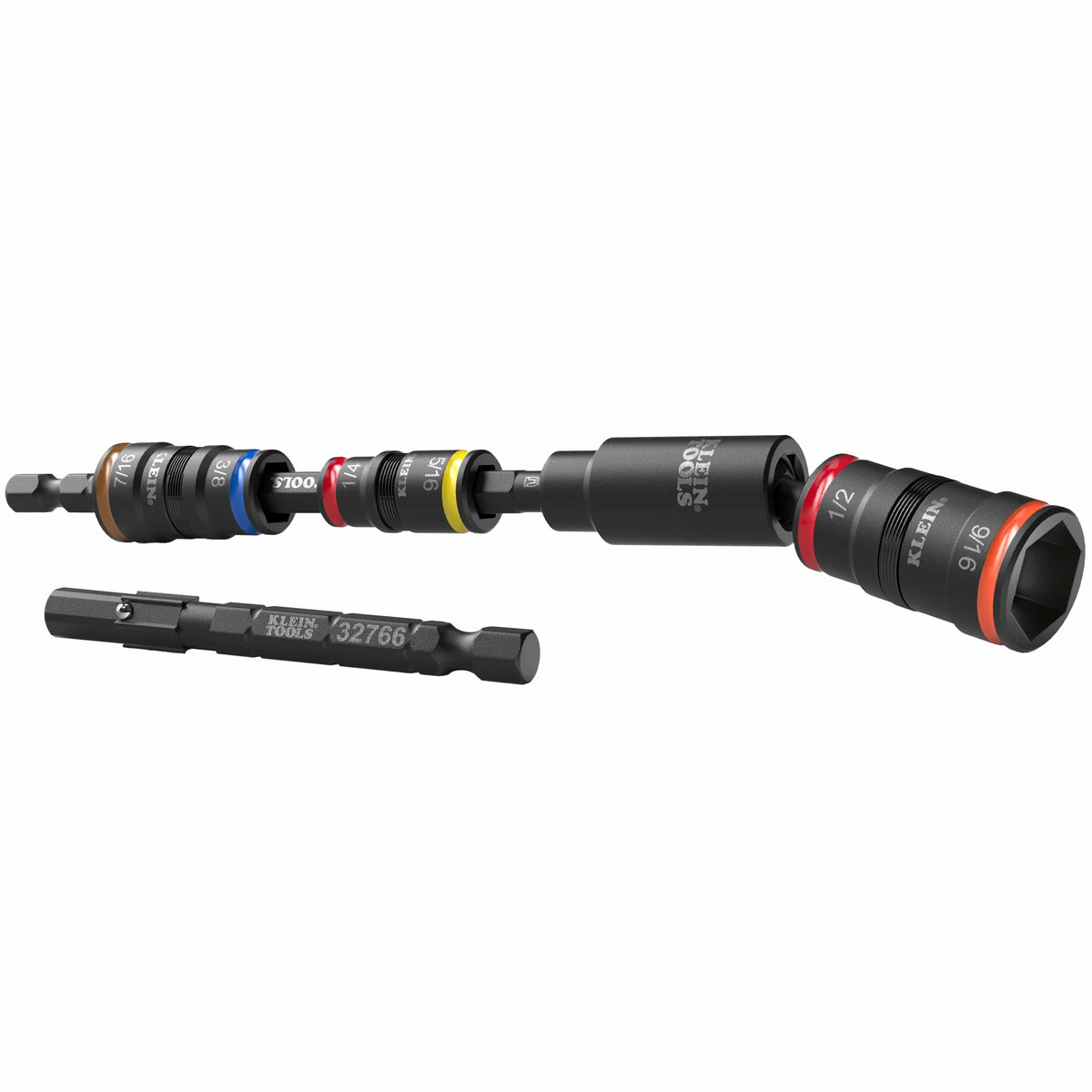 Klein 32984 6-piece magnetic impact flip socket set assembled with interchangeable drive shafts and 25-degree universal swivel joint.