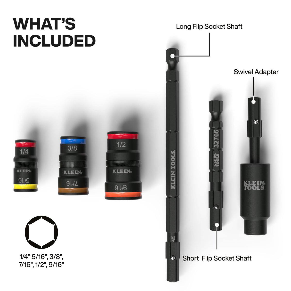 Diagram detailing components of the Klein 32984 set including 3 flip sockets, short and long shafts, and a 25-degree swivel adapter.