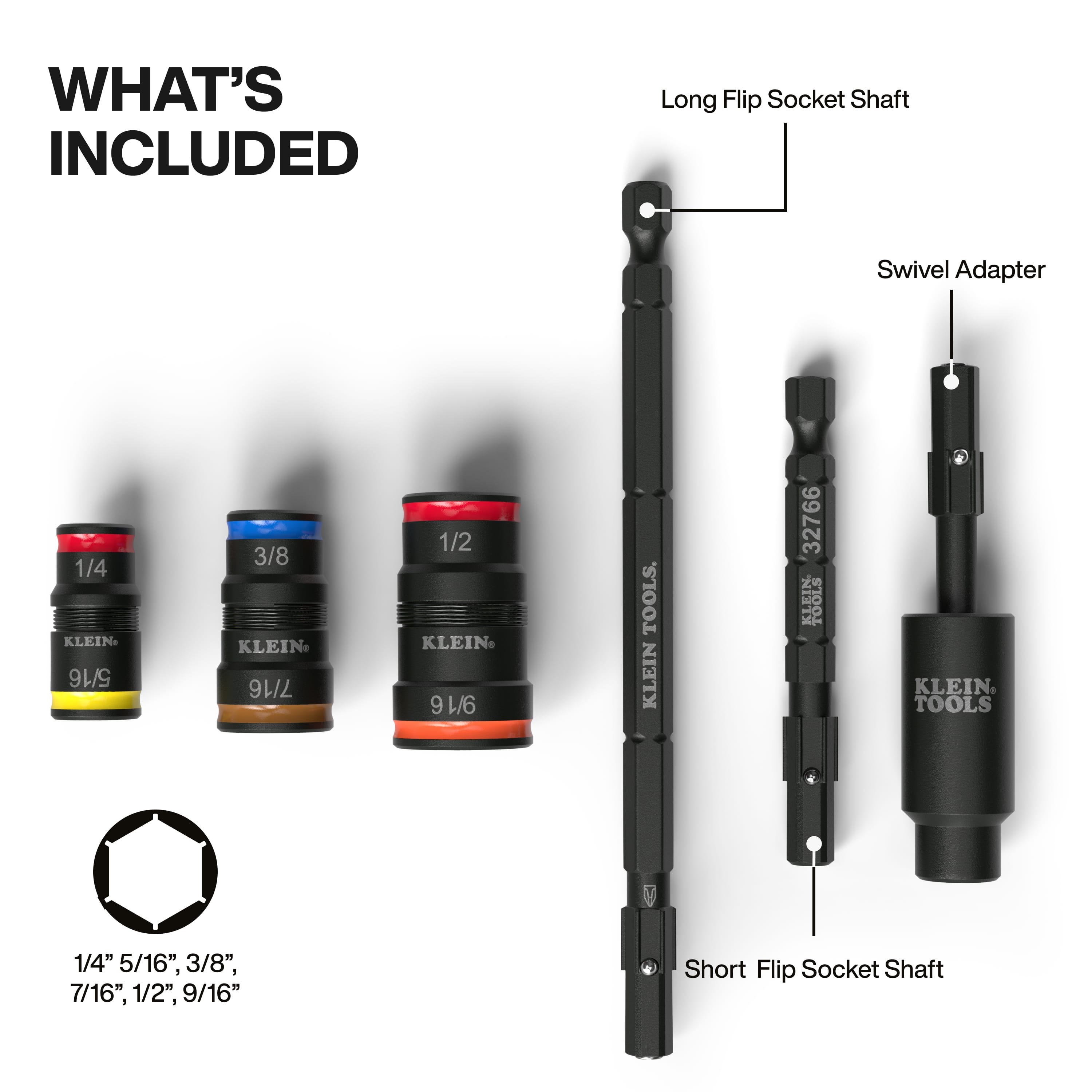 Diagram detailing components of the Klein 32984 set including 3 flip sockets, short and long shafts, and a 25-degree swivel adapter.