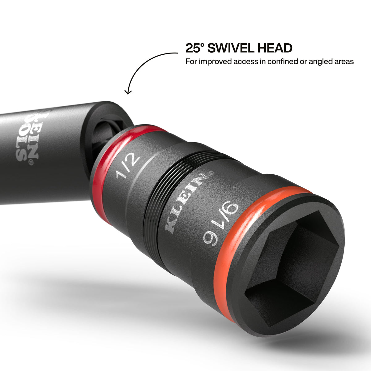 Diagram illustrating the 25-degree swivel head articulation on the Klein 1/2 by 9/16-inch magnetic flip socket driver end.