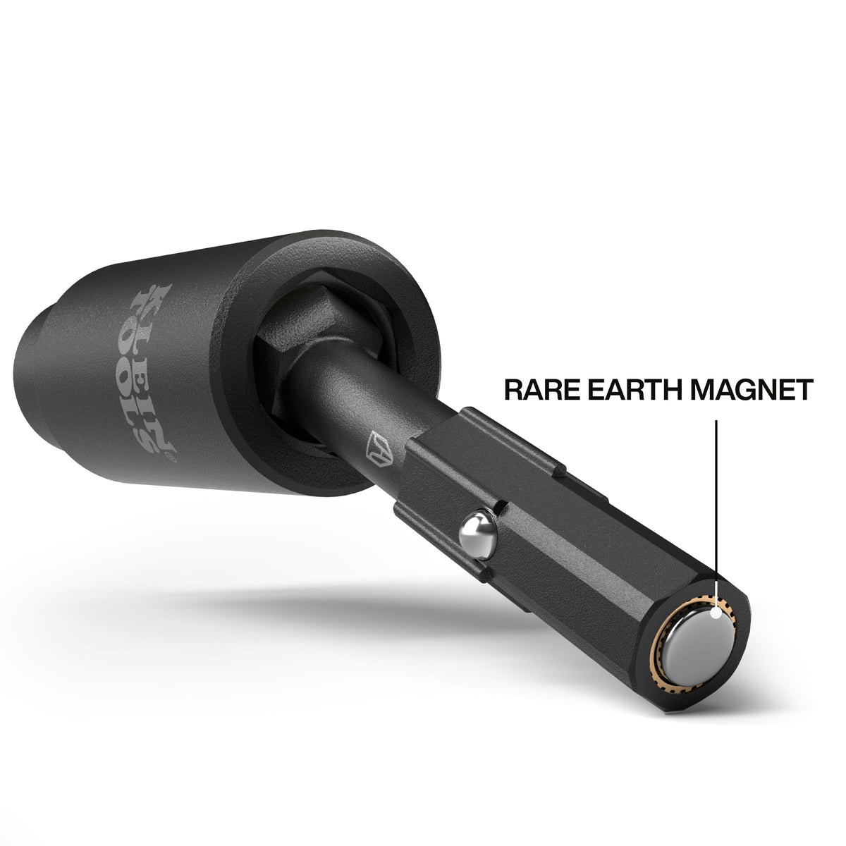 Diagram showing the internal rare-earth magnet embedded in the hex shank end of the Klein swivel adapter for secure fastener retention.
