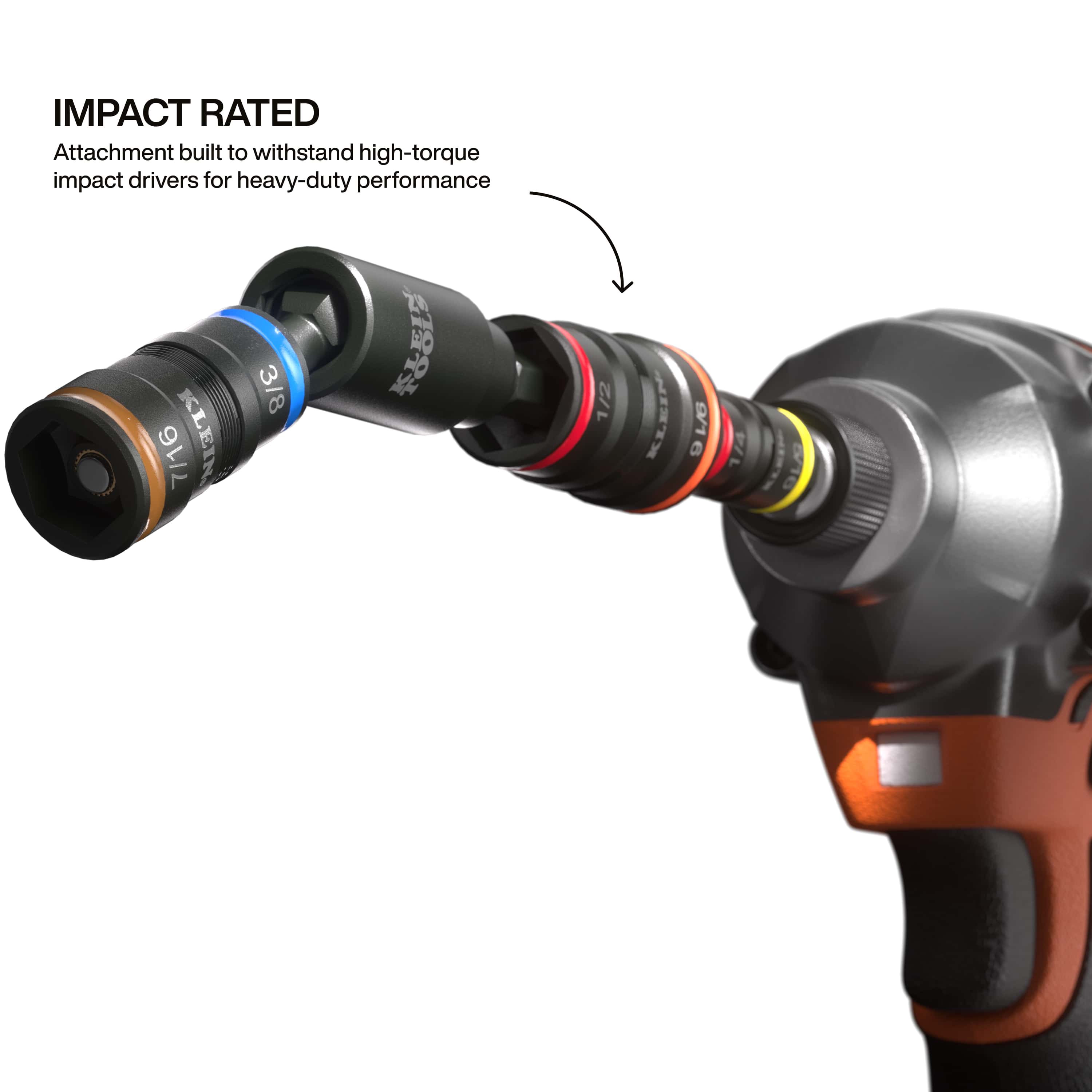 Klein 32984 7-in-1 swivel flip socket set mounted on a power impact driver chuck to demonstrate angled magnetic nut driving.