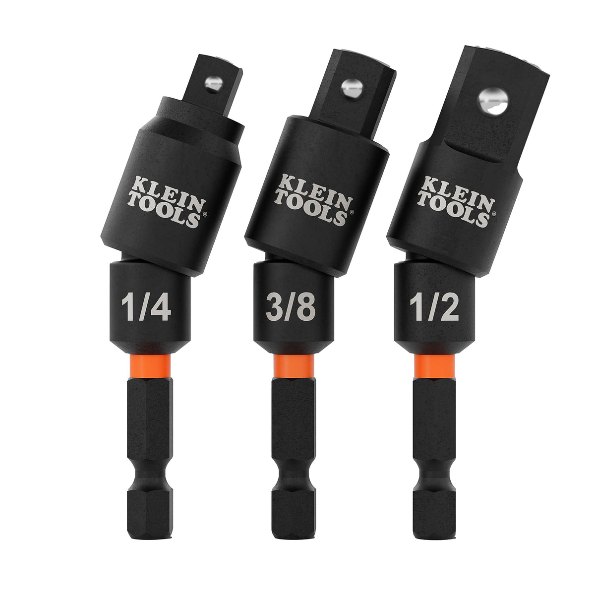 Klein 65813SW 3-piece swivel impact driver adapter set with 1/4, 3/8, and 1/2-inch square drive anvils articulated at 20 degrees.