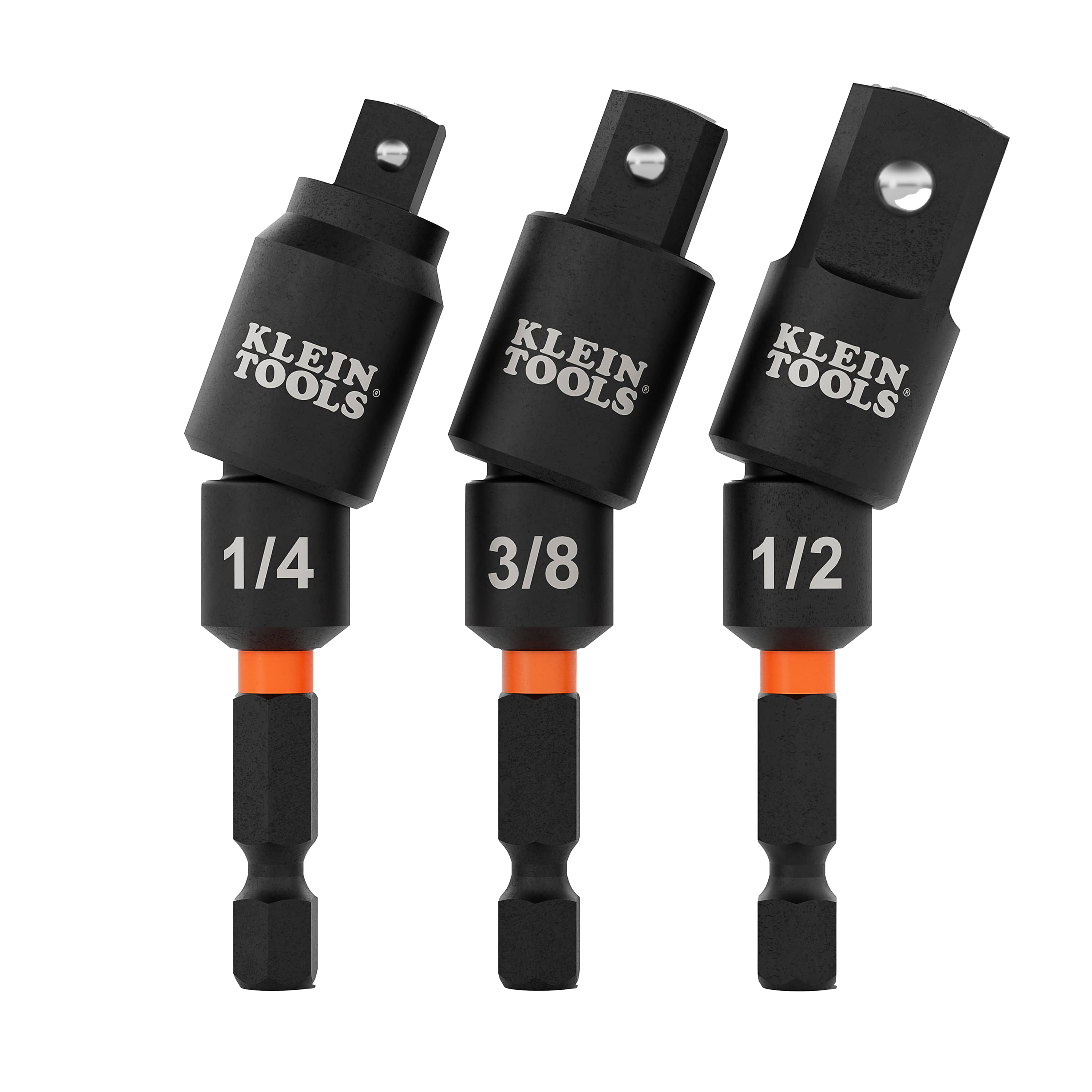 Klein 65813SW 3-piece swivel impact driver adapter set with 1/4, 3/8, and 1/2-inch square drive anvils articulated at 20 degrees.