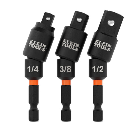 Klein 65813SW 3-piece swivel impact driver adapter set with 1/4, 3/8, and 1/2-inch square drive anvils articulated at 20 degrees.