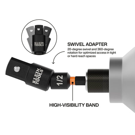 Diagram demonstrating the 20-degree swivel articulation and 360-degree rotation of the Klein 1/2-inch drive impact adapter.