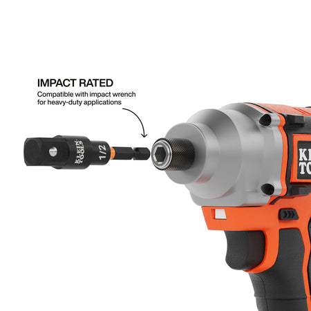 Klein 1/2-inch swivel impact adapter aligning with a cordless impact driver chuck to illustrate power tool socket attachment.