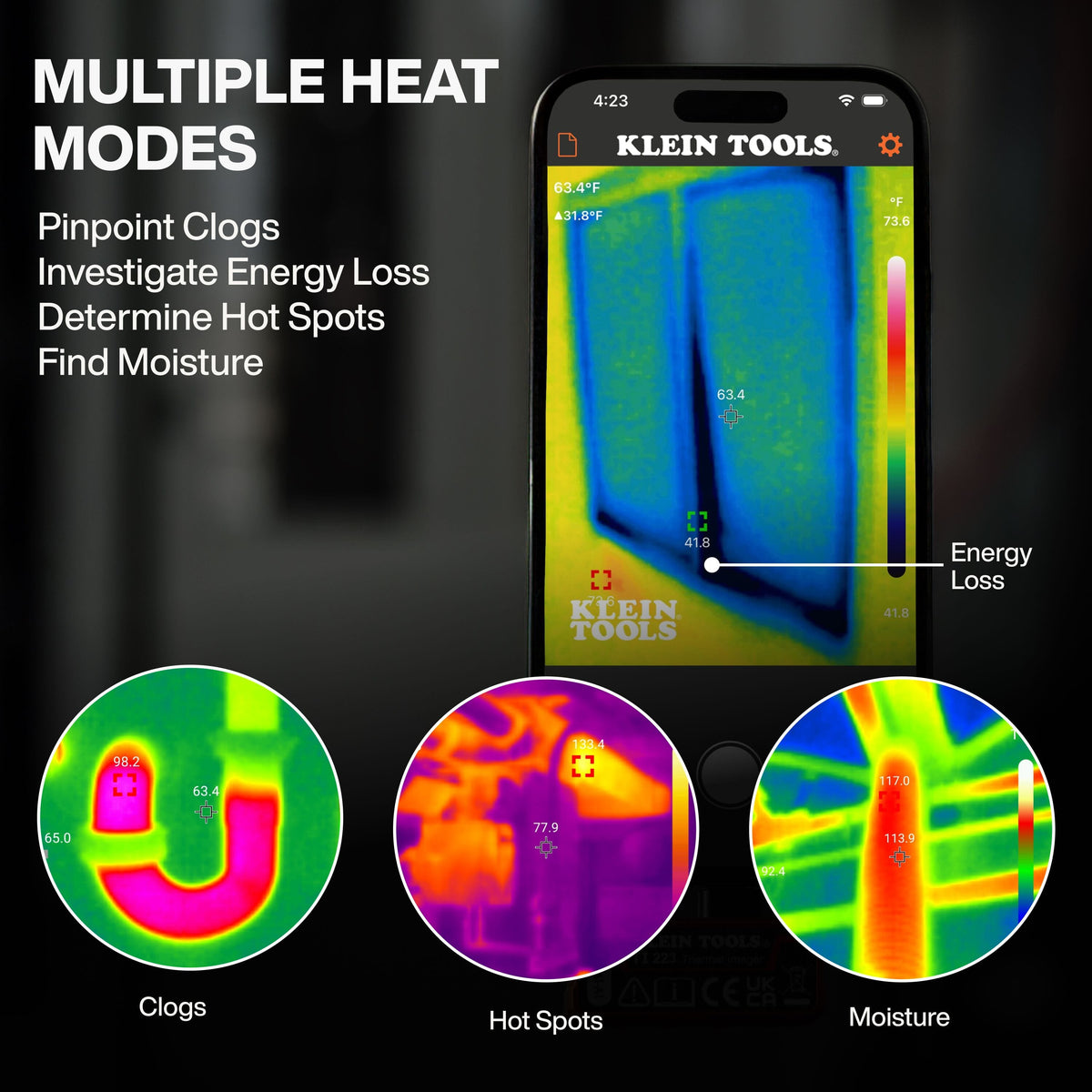 Educational infographic showing multiple heat modes for the TI223 mobile imager. Circular thermal examples demonstrate how technicians can pinpoint clogs in plumbing, investigate energy loss in windows, determine hot spots in machinery, and find moisture behind walls.