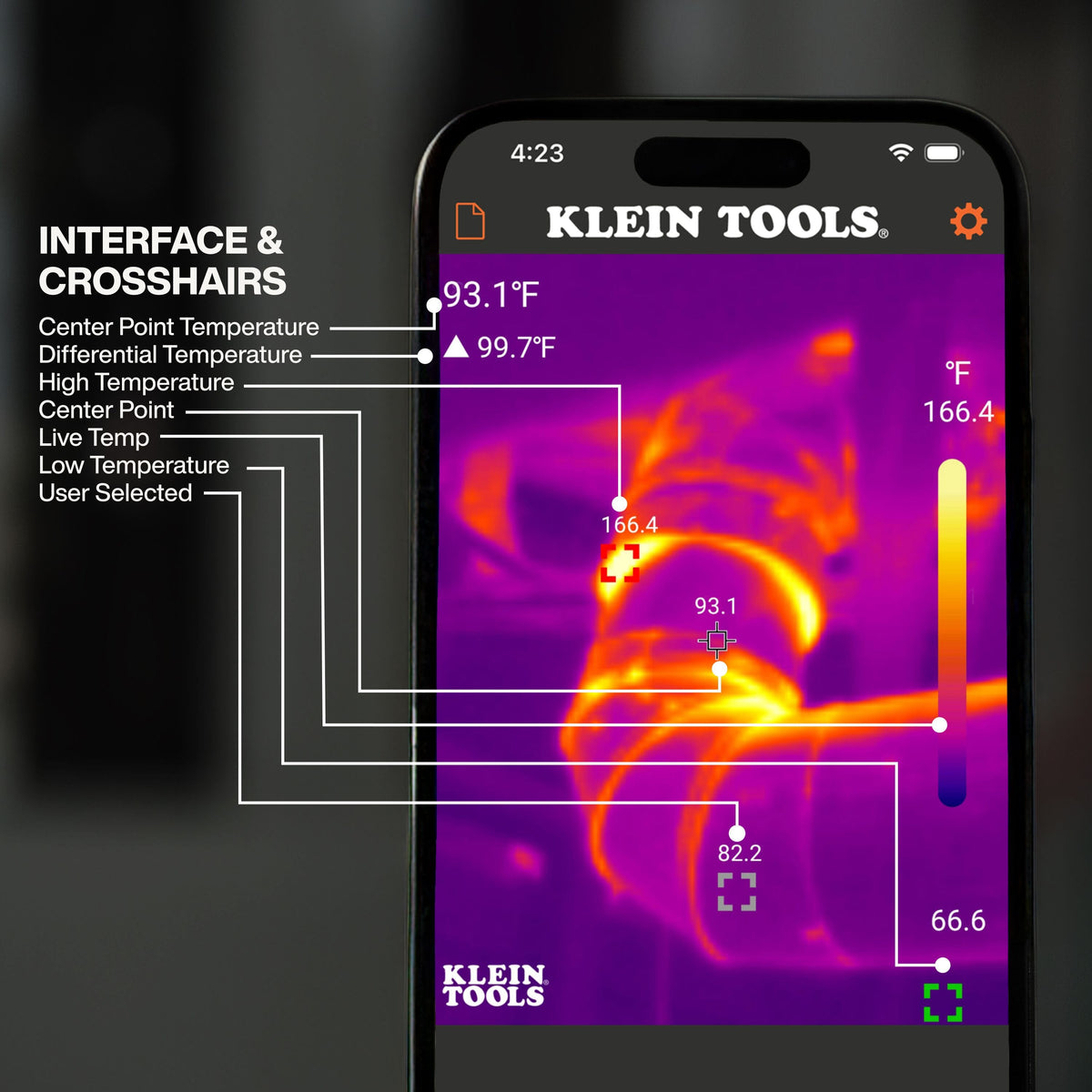 Interface and crosshairs guide for the TI223 smartphone app. The screen displays advanced diagnostic data including center point temperature, differential temperature (Delta-T), and high/low temperature markers on a thermal scan of an industrial pipe.