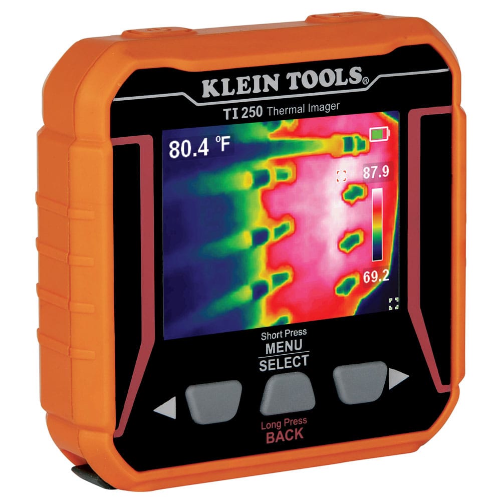 A studio product view of the Klein Tools TI250 rechargeable thermal imaging camera. The orange and black handheld device features a 2.4-inch LCD screen displaying a high-resolution thermal map of mechanical components, illustrating its professional utility for HVAC and electrical troubleshooting.