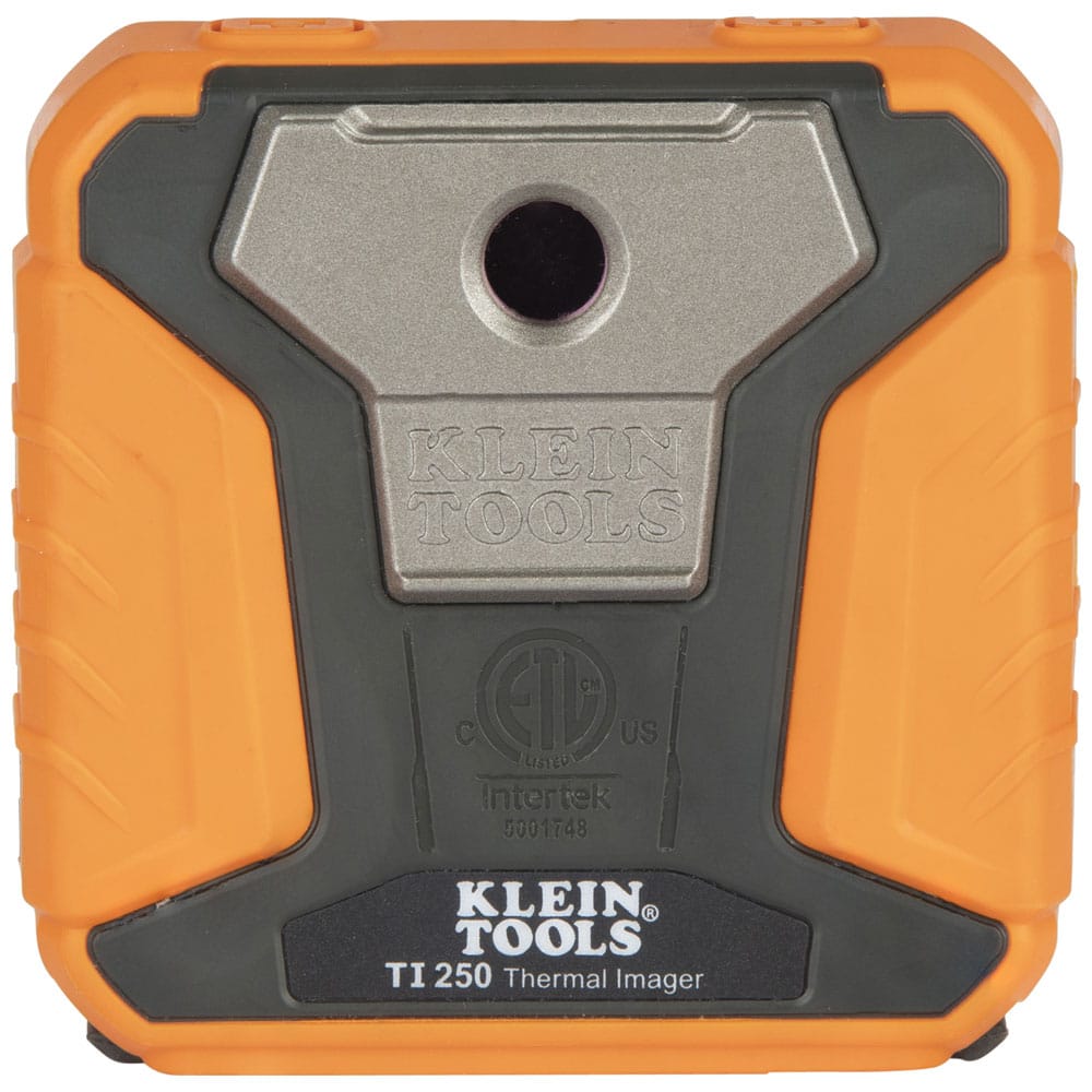 Rear perspective of the TI250 thermal imager highlighting the precision VOx microbolometer sensor and durable ABS housing. The image showcases the professional build quality and includes official certification markings such as ETL and CE for industrial safety standards.