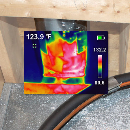 A high-contrast thermal capture from the TI250 showing an HVAC exhaust duct. The digital display highlights a maximum temperature of 132.2 degrees Fahrenheit using the Ironbow color palette, providing clear visual evidence of mechanical heat signatures for professional reporting.
