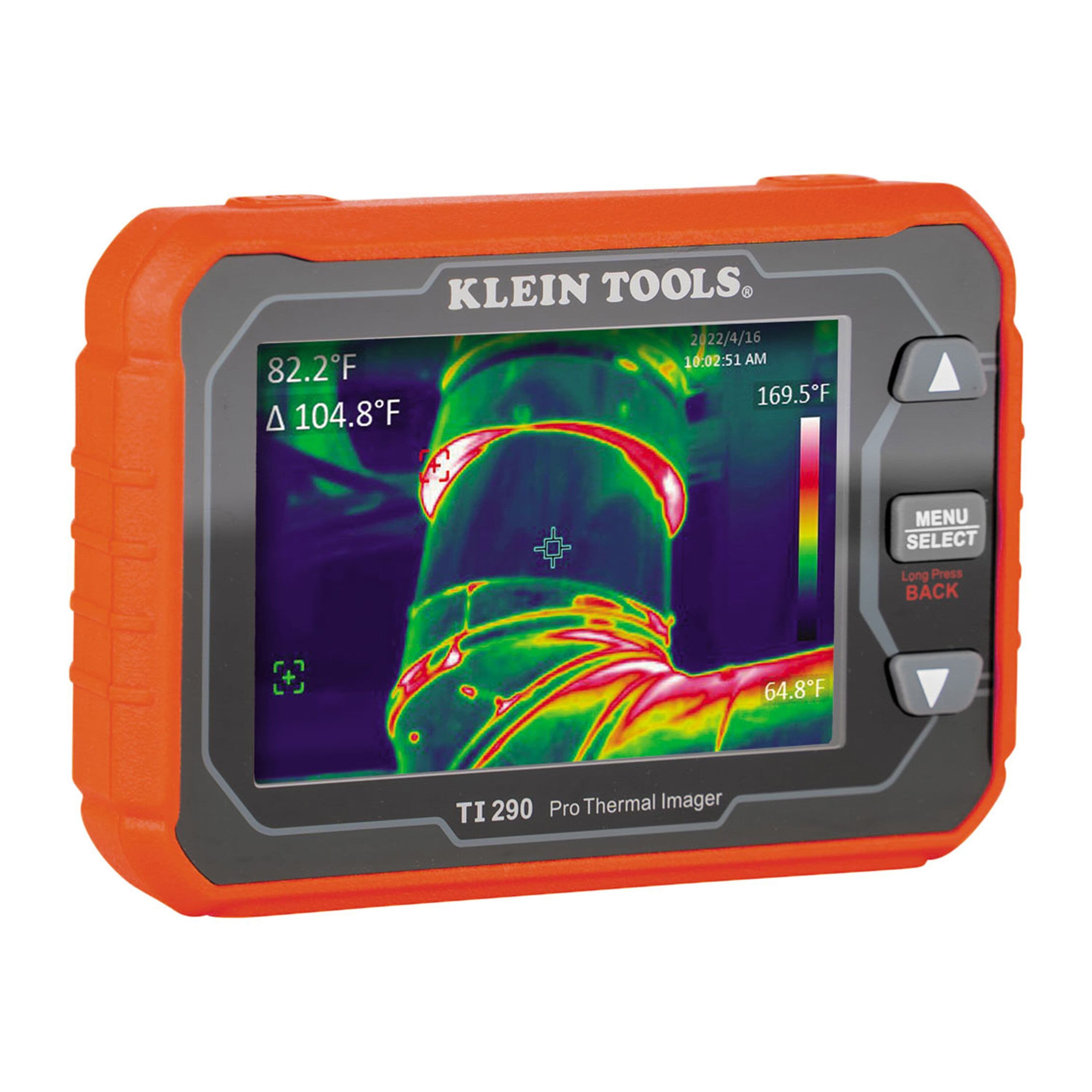 A studio product view of the Klein Tools TI290 Rechargeable Pro Thermal Imaging Camera. The handheld orange and black device features a large 3.5-inch TFT LCD screen displaying a high-contrast 76,800-pixel thermal map of a mechanical pipe, designed for professional HVAC and electrical inspections.