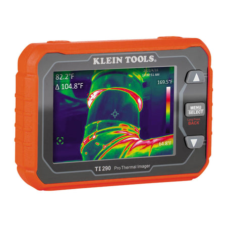 A studio product view of the Klein Tools TI290 Rechargeable Pro Thermal Imaging Camera. The handheld orange and black device features a large 3.5-inch TFT LCD screen displaying a high-contrast 76,800-pixel thermal map of a mechanical pipe, designed for professional HVAC and electrical inspections.