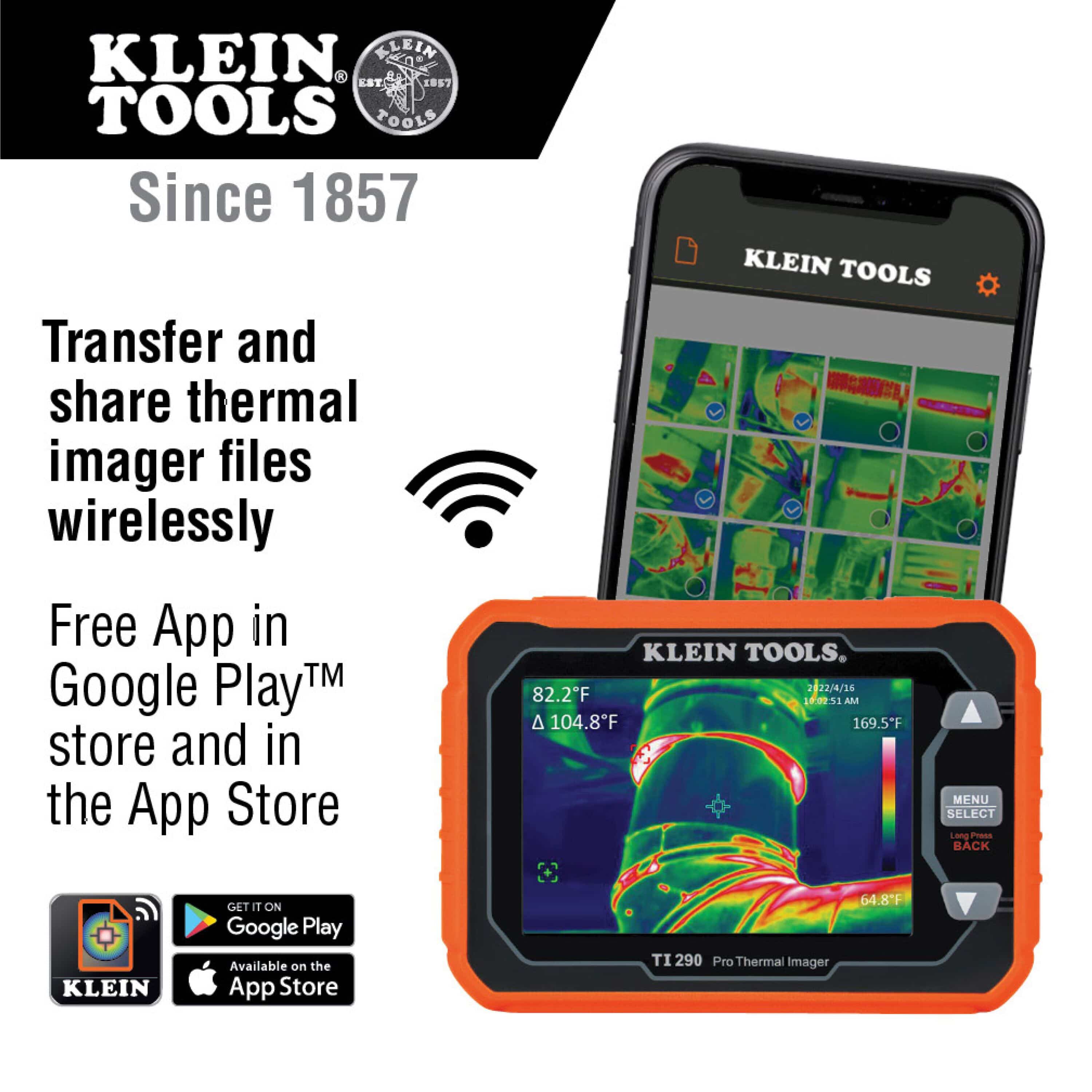 Product feature infographic for the TI290 Pro Thermal Imager highlighting its high-resolution Wi-Fi data transfer capabilities. The graphic shows the imager wirelessly sharing a gallery of thermal diagnostic photos to a smartphone running the free Klein Tools app, available on Google Play and the App Store.
