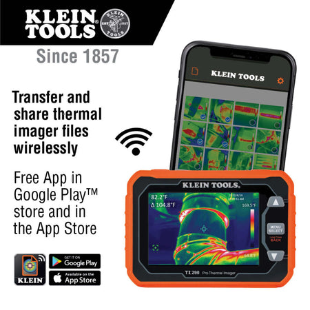 Product feature infographic for the TI290 Pro Thermal Imager highlighting its high-resolution Wi-Fi data transfer capabilities. The graphic shows the imager wirelessly sharing a gallery of thermal diagnostic photos to a smartphone running the free Klein Tools app, available on Google Play and the App Store.